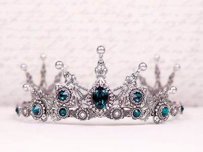 Avalon Pearl Tiara in Antiqued Silver by Rabbitwood and Reason. Stones featured: Emerald and Silver Pearl