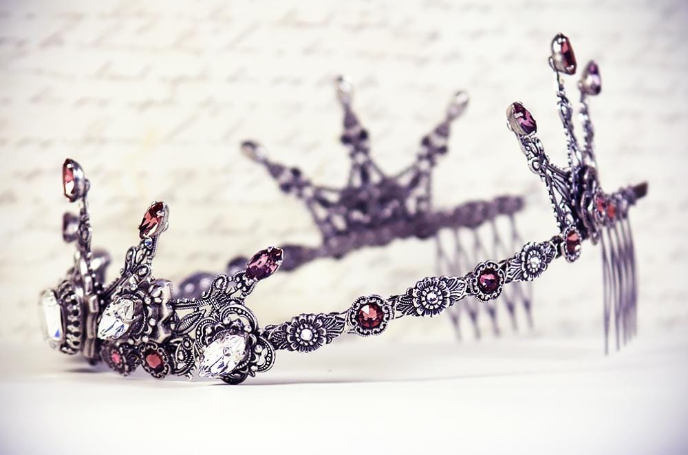 Avalon Crystal Tiara in Antiqued Silver by Rabbitwood and Reason. Stones featured: Antique Pink, Crystal and Blush Rose