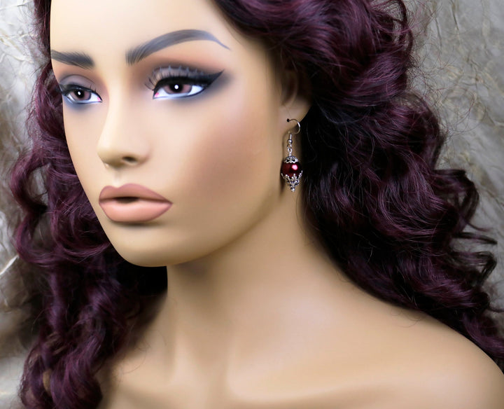 Borgia Earring in Antiqued Silver with Dark Cranberry Pearl by Rabbitwood & Reason - Model Pic