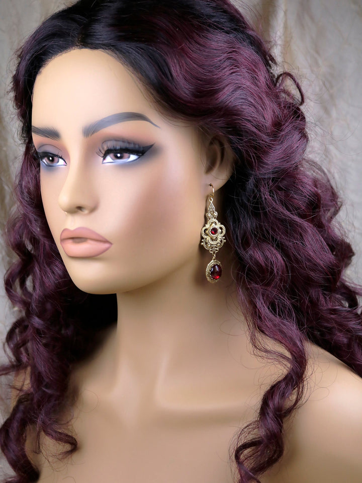 Avalon Earrings in Garnet and Antiqued Gold by Rabbitwood and Reason - model pic