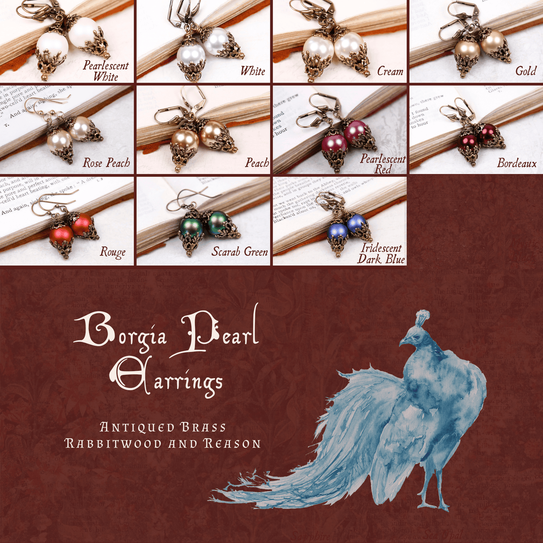 Group Pic: Borgia Pearl Earrings in Antiqued Brass by Rabbitwood and Reason