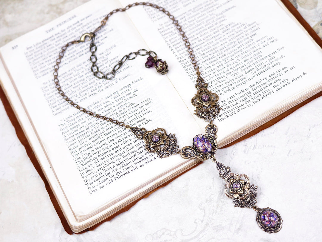 Avalon Ornate Necklace in Amethyst Opal and Antiqued Brass by Rabbitwood and Reason