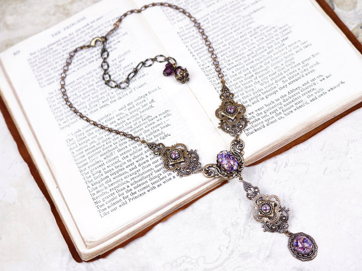 Avalon Ornate Necklace in Amethyst Opal and Antiqued Brass by Rabbitwood and Reason