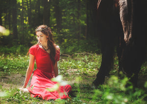 Rabbitwood and Reason website banner:  A Medieval maiden wearing a hand crafted tiara, necklace and earrings rests on the floor of a wooded glade.  A dark horse grazes nearby.