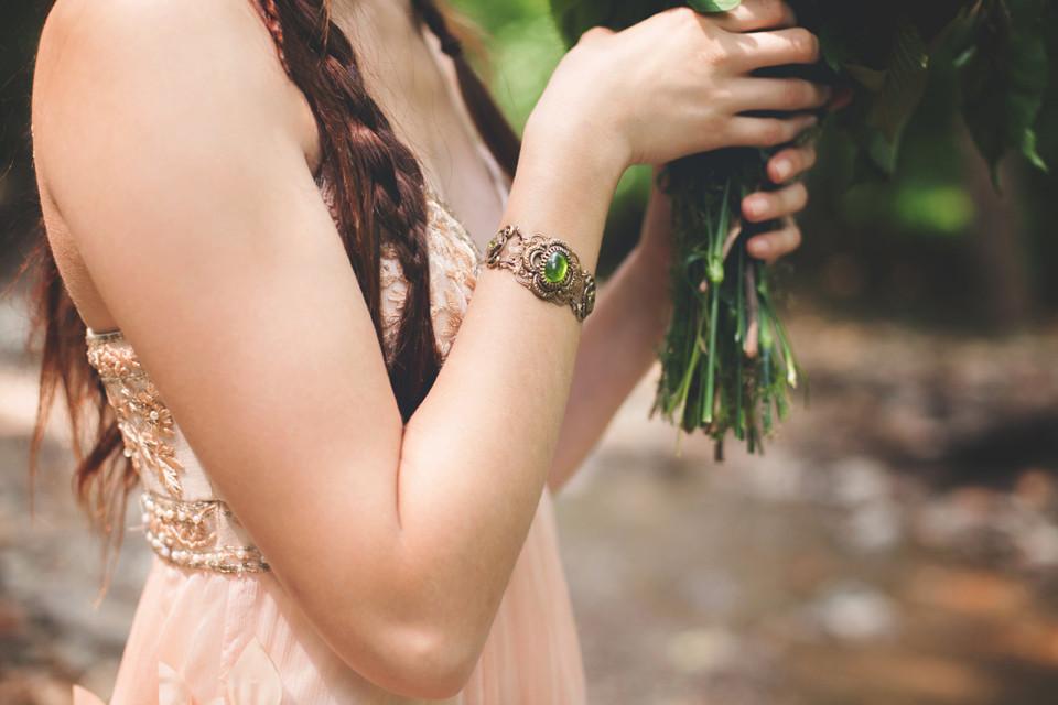 Canterbury Bracelet in Olivine and Antiqued Brass by Rabbitwood and Reason.  Photo by La Candella Weddings