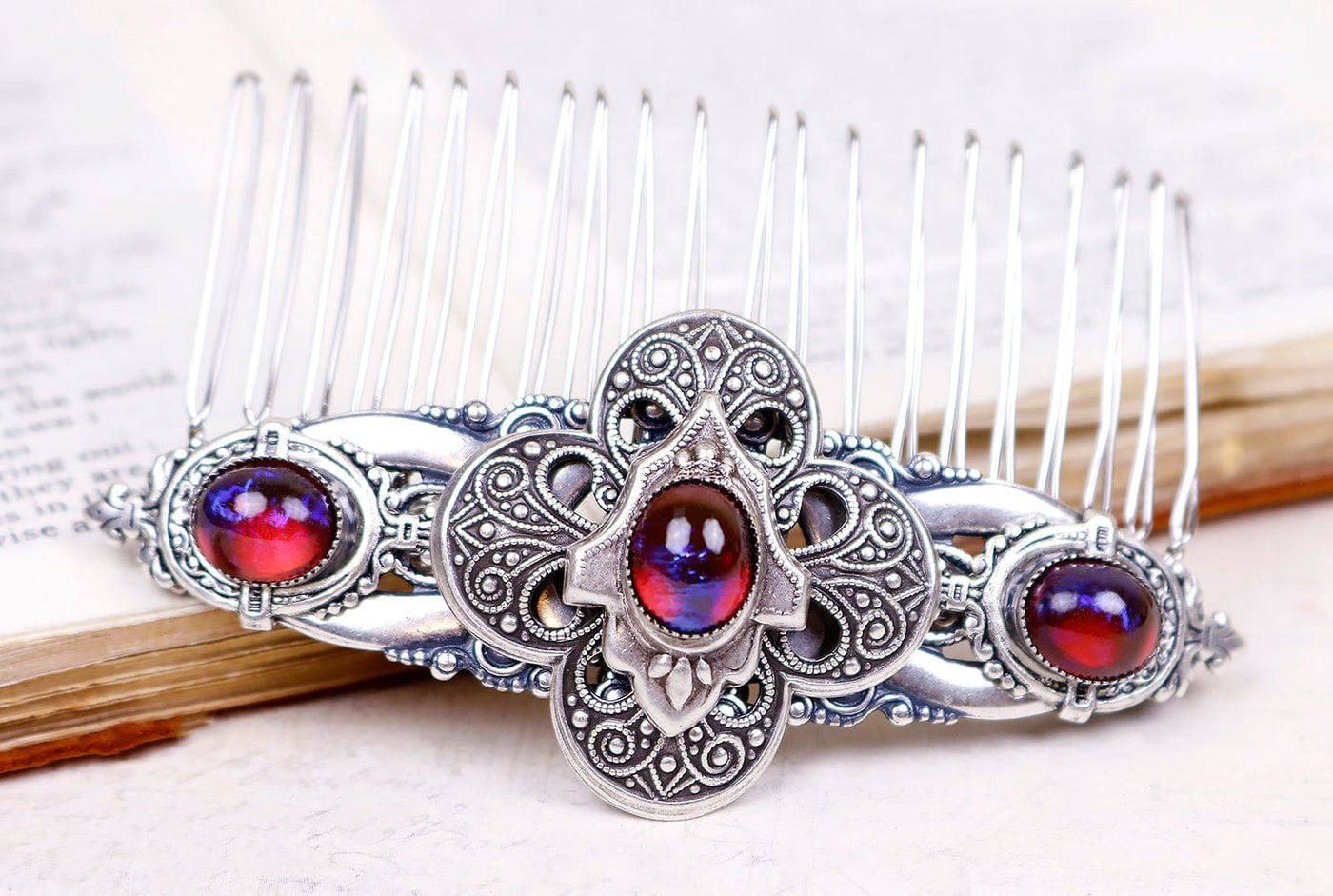 Avebury Comb in Dragon's Breath Opal and Antiqued Silver by Rabbitwood and Reason