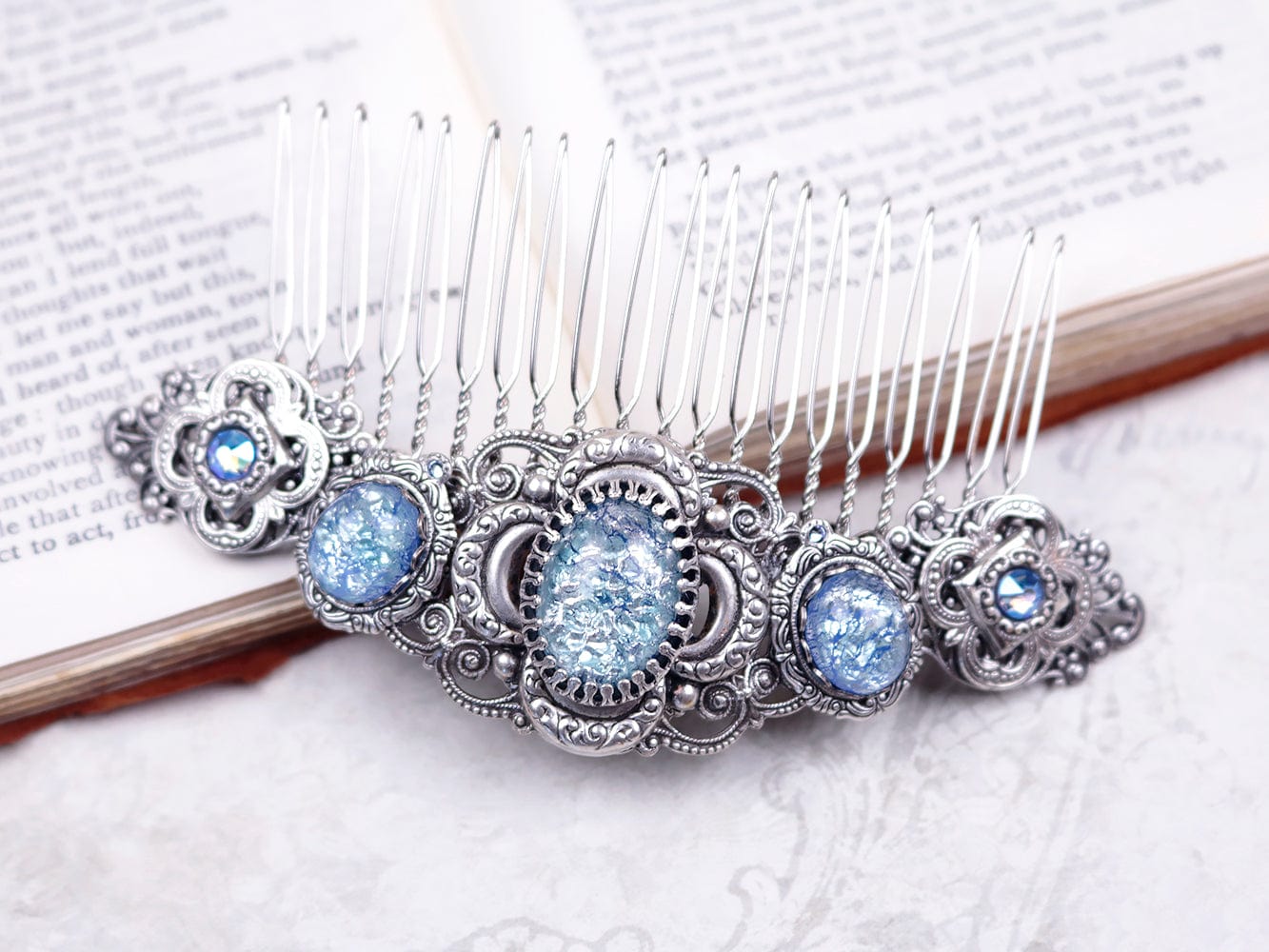 Canterbury Comb in Ice Blue Opal and Antiqued Silver by Rabbitwood and Reason