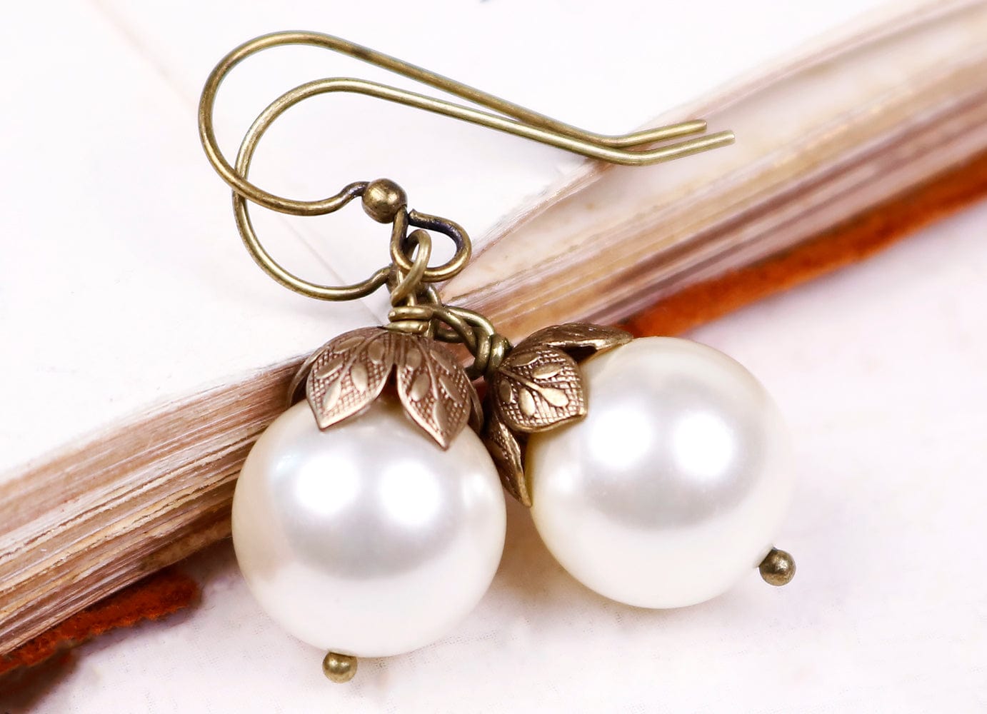 Aquitaine Pearl Drop Earrings in Cream Pearl and Antiqued Brass by Rabbitwood and Reason