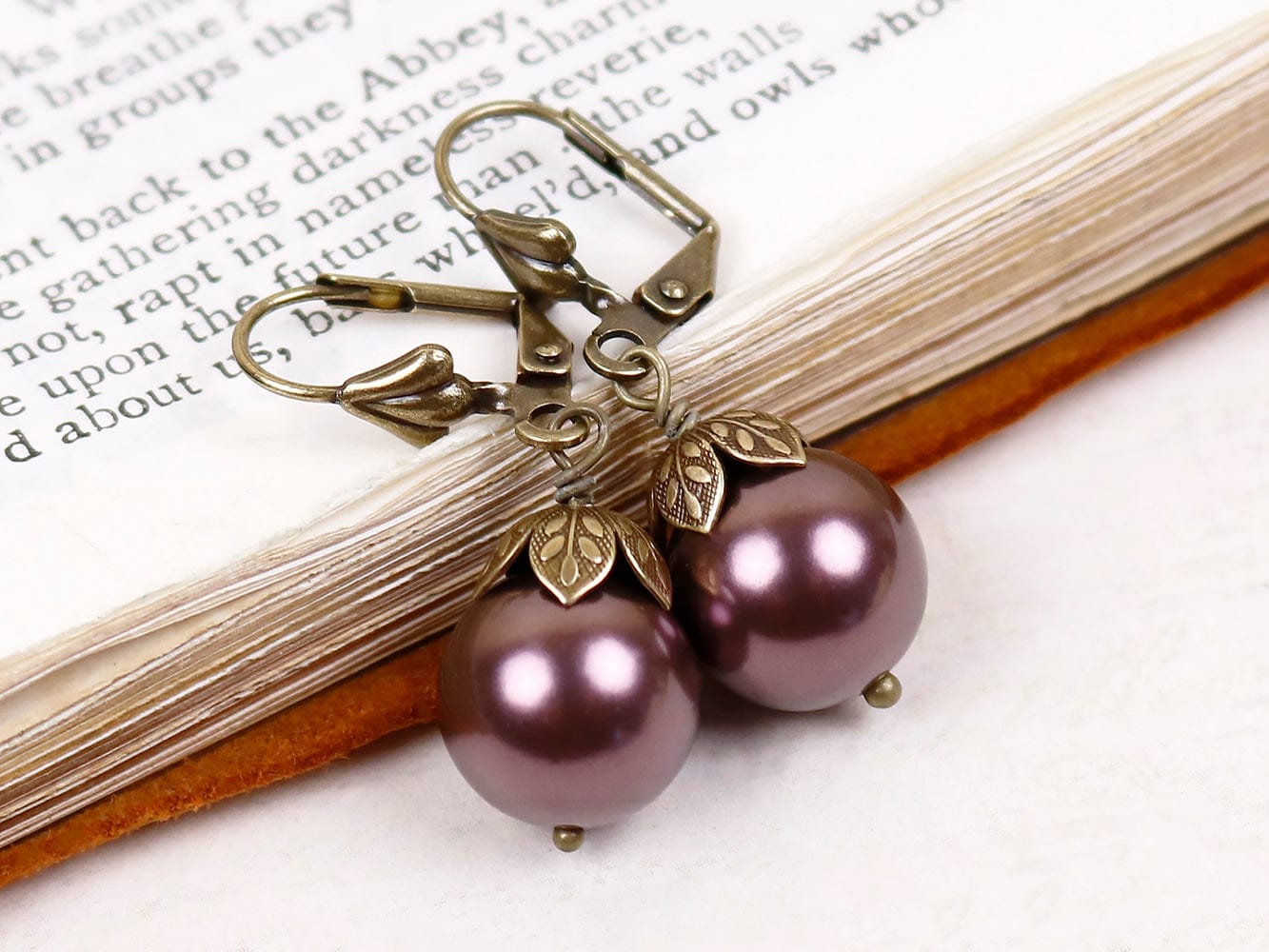Aquitaine Pearl Drop Earrings in Burgundy Pearl and Antiqued Brass by Rabbitwood and Reason