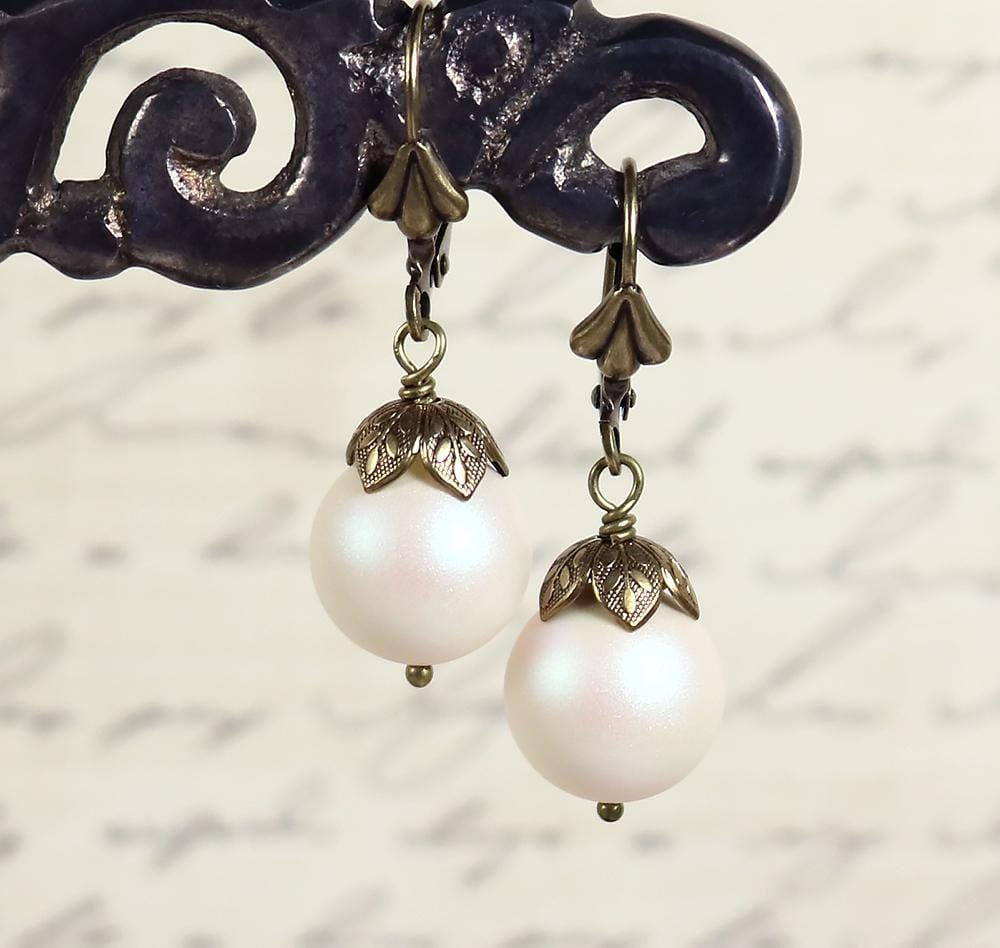 Aquitaine Pearl Drop Earrings in Pearlescent White Pearl and Antiqued Brass by Rabbitwood and Reason