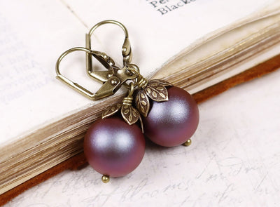 Aquitaine Pearl Drop Earrings in Iridescent Red Pearl and Antiqued Brass by Rabbitwood and Reason