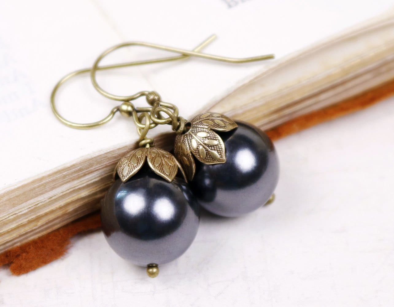 Aquitaine Pearl Drop Earrings in Black Pearl and Antiqued Brass by Rabbitwood and Reason