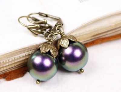 Aquitaine Pearl Drop Earrings in Iridescent Purple Pearl and Antiqued Brass by Rabbitwood and Reason