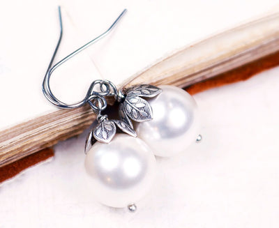 Aquitaine Pearl Drop Earrings in White Pearl and Antiqued Silver by Rabbitwood and Reason
