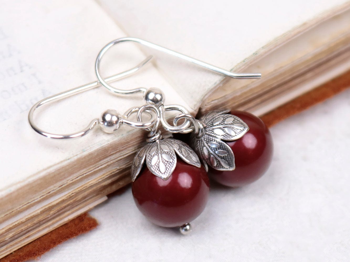 Aquitaine Pearl Drop Earrings in Bordeaux Pearl and Antiqued Silver by Rabbitwood and Reason