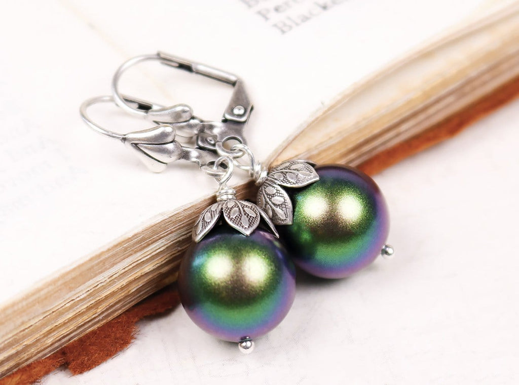 Aquitaine Pearl Drop Earrings in Scarab Green and Antiqued Silver by Rabbitwood and Reason