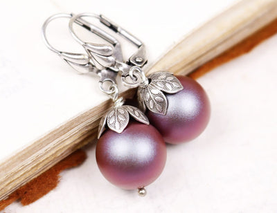 Aquitaine Pearl Drop Earrings in Iridescent Red Purple and Antiqued Silver by Rabbitwood and Reason