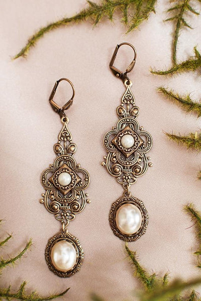 Avalon Earrings in Cream Pearl and Antiqued Brass by Rabbitwood & Reason.  Photo by La Candella Weddings