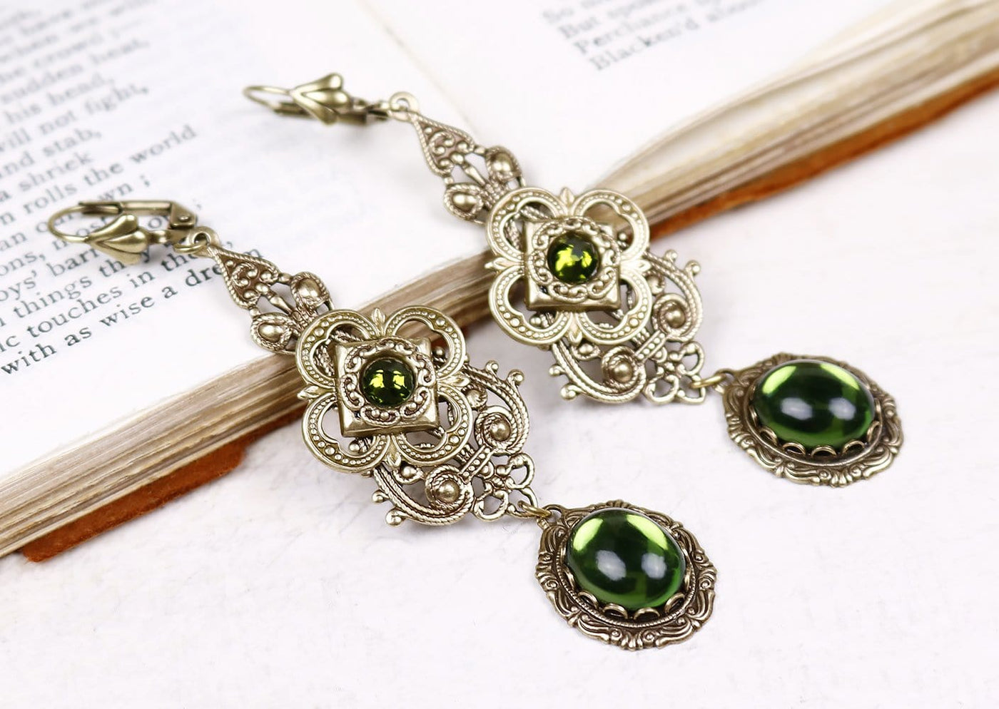 Avalon Earrings in Olivine and Antiqued Brass by Rabbitwood & Reason
