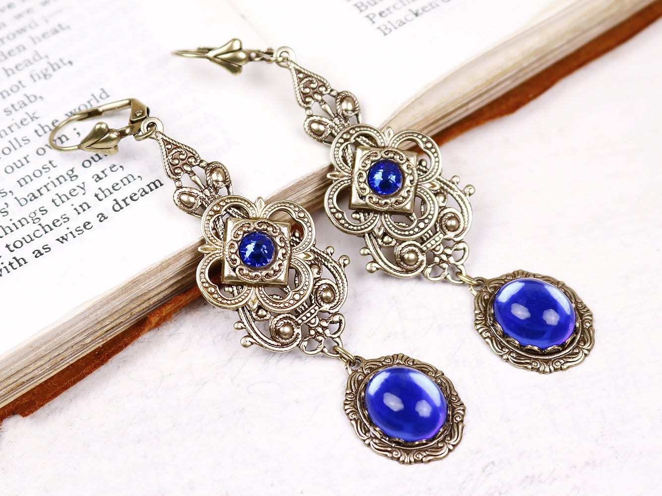 Avalon Earrings in Sapphire and Antiqued Brass by Rabbitwood & Reason