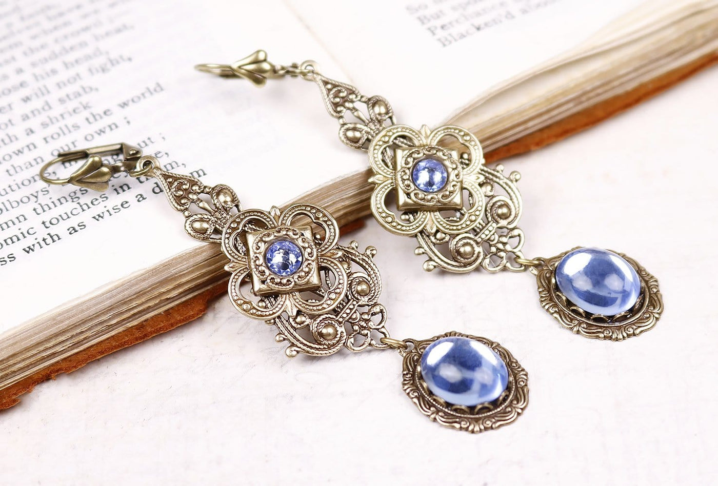 Avalon Earrings in Light Sapphire and Antiqued Brass by Rabbitwood & Reason