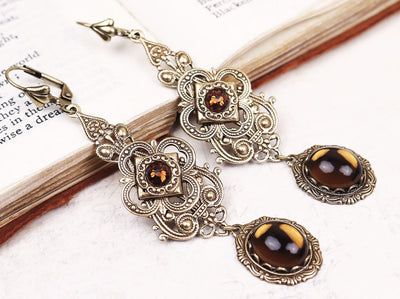 Avalon Earrings in Smoked Topaz and Antiqued Brass by Rabbitwood & Reason