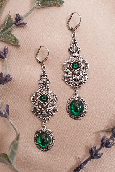 Avalon Earrings in Emerald and Antiqued Silver by Rabbitwood & Reason. Photo by La Candella Weddings