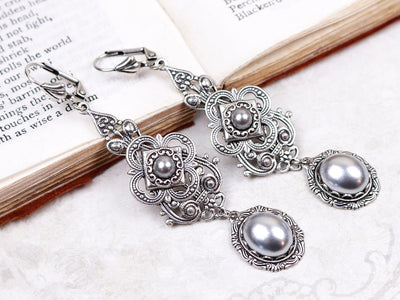 Avalon Earrings in Silver Pearl and Antiqued Silver by Rabbitwood & Reason
