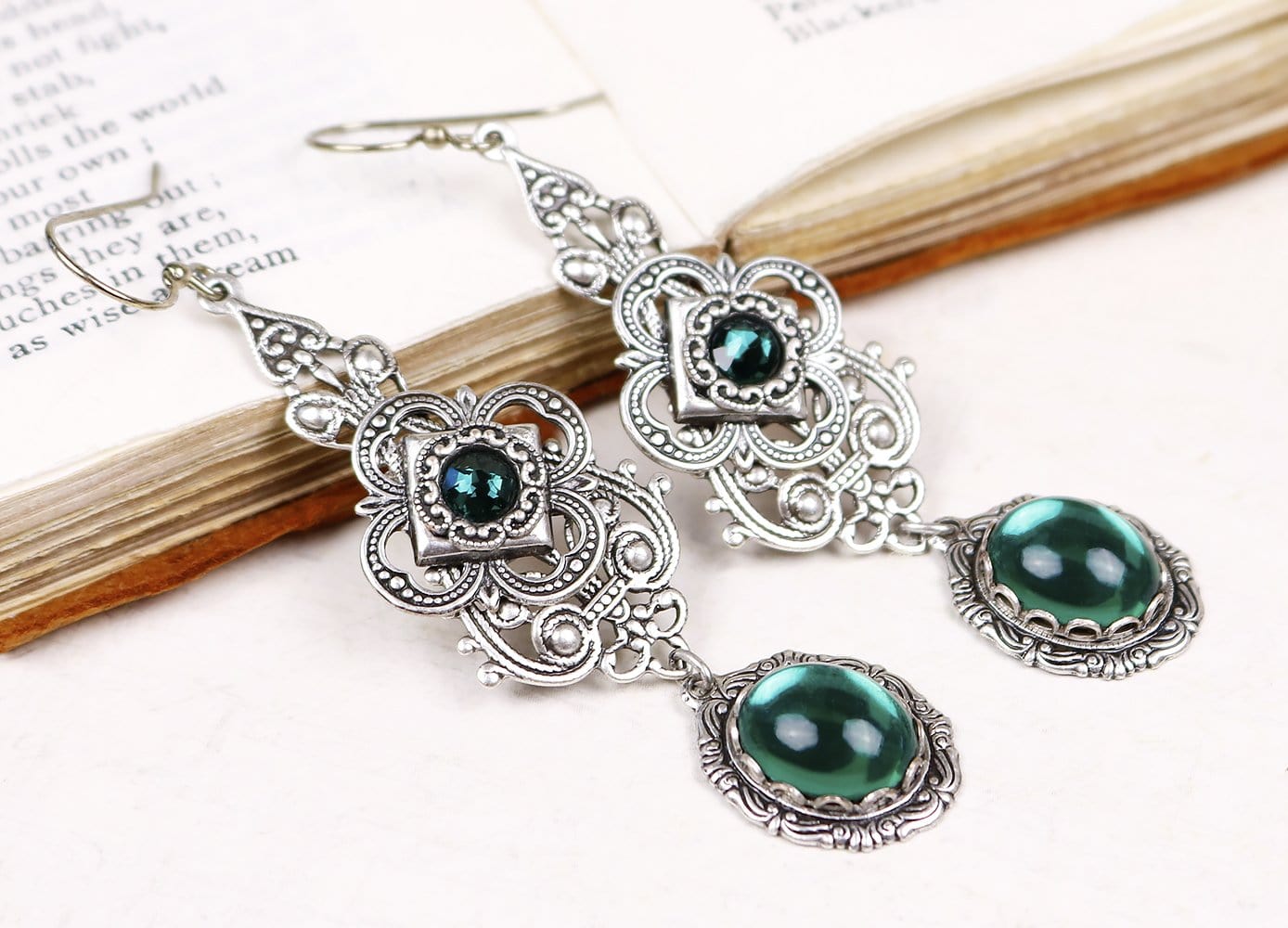 Avalon Earrings in Emerald and Antiqued Silver by Rabbitwood & Reason