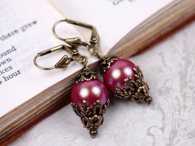 Borgia Earrings in Pearlescent Red Pearl and Antiqued Brass by Rabbitwood and Reason