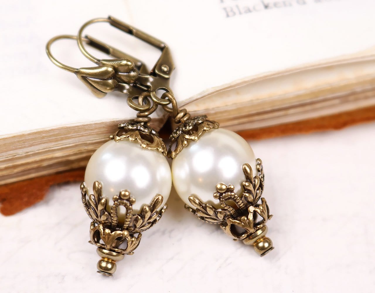 Borgia Earrings in Cream Pearl and Antiqued Brass by Rabbitwood and Reason