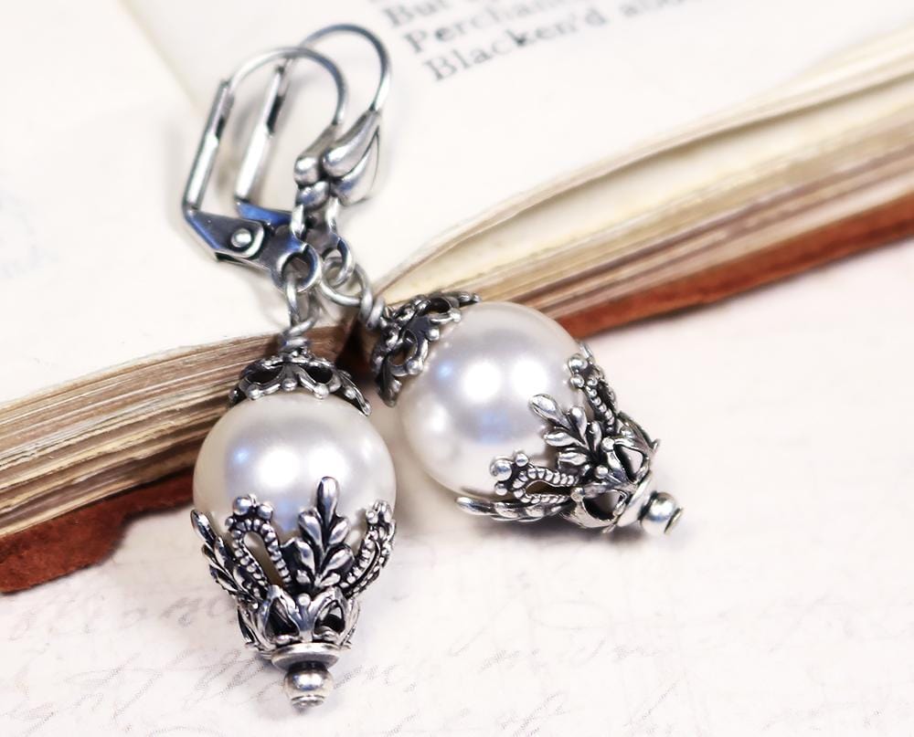 Borgia Earrings in White Pearl and Antiqued Silver by Rabbitwood and Reason