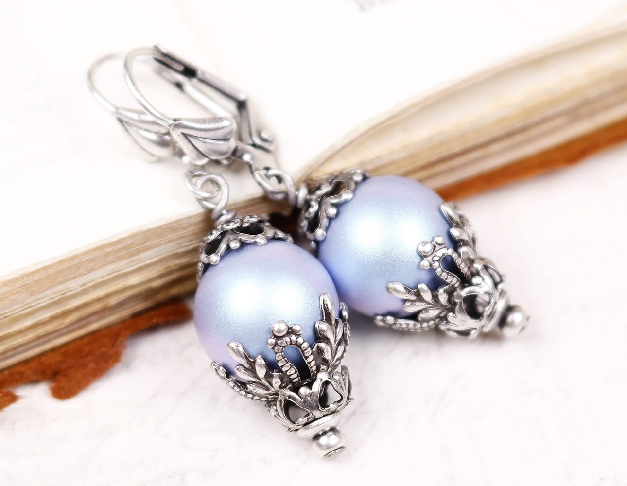 Borgia Earrings in Iridescent Light Blue Pearl and Antiqued Silver by Rabbitwood and Reason