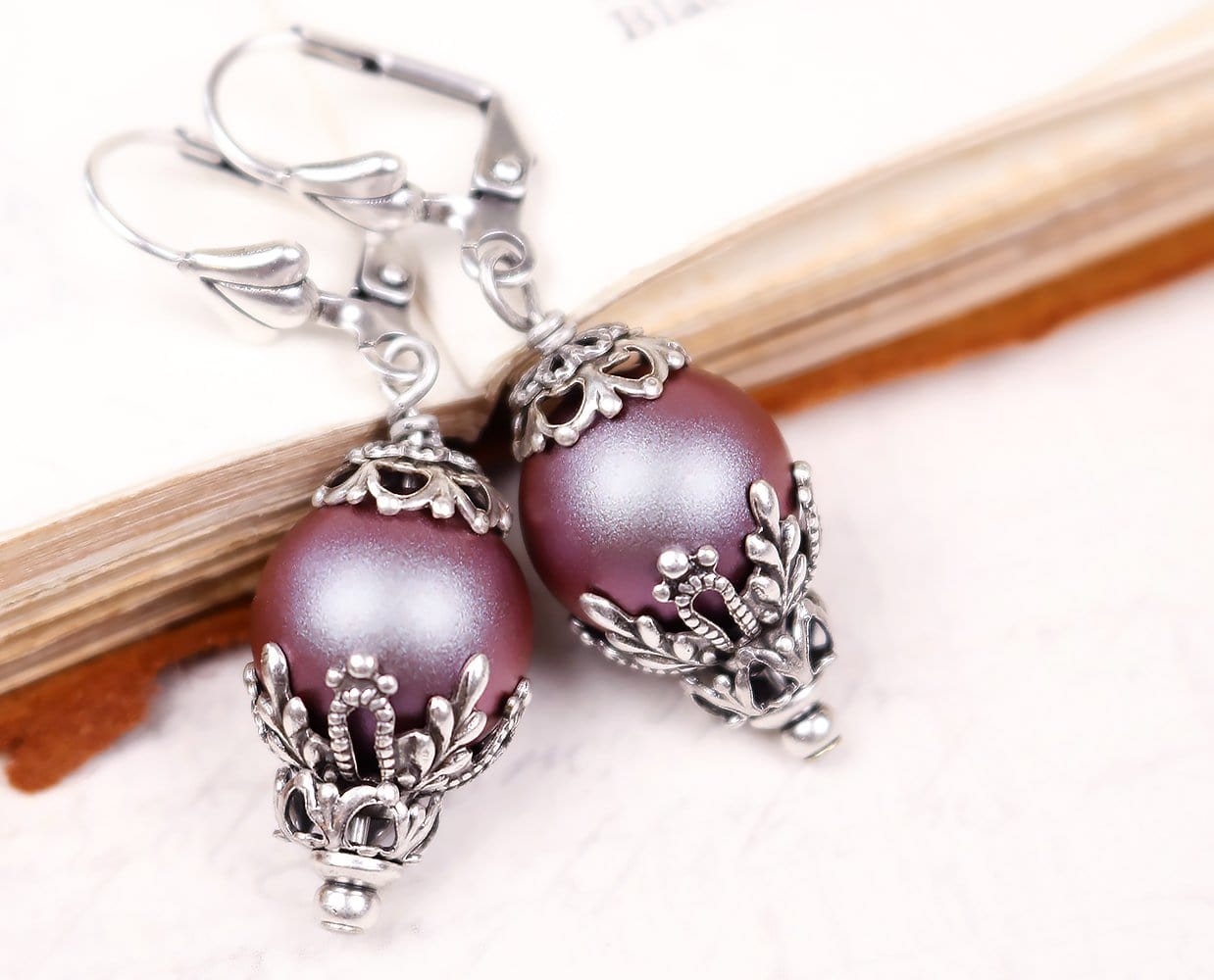 Borgia Earrings in Iridescent Red Purple Pearl and Antiqued Silver by Rabbitwood and Reason