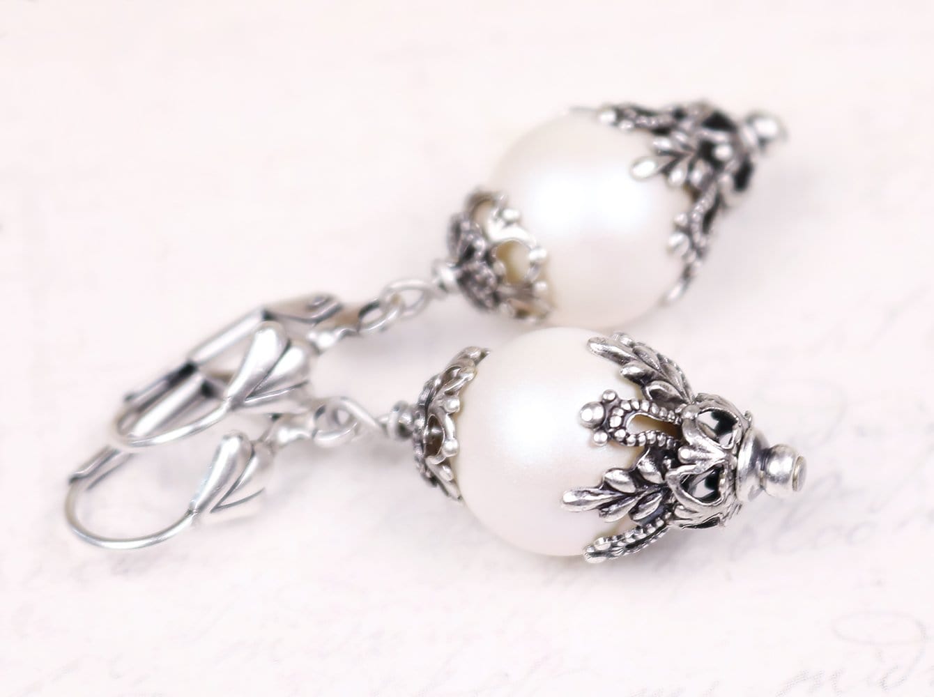 Borgia Earrings in Pearlescent White Pearl and Antiqued Silver by Rabbitwood and Reason