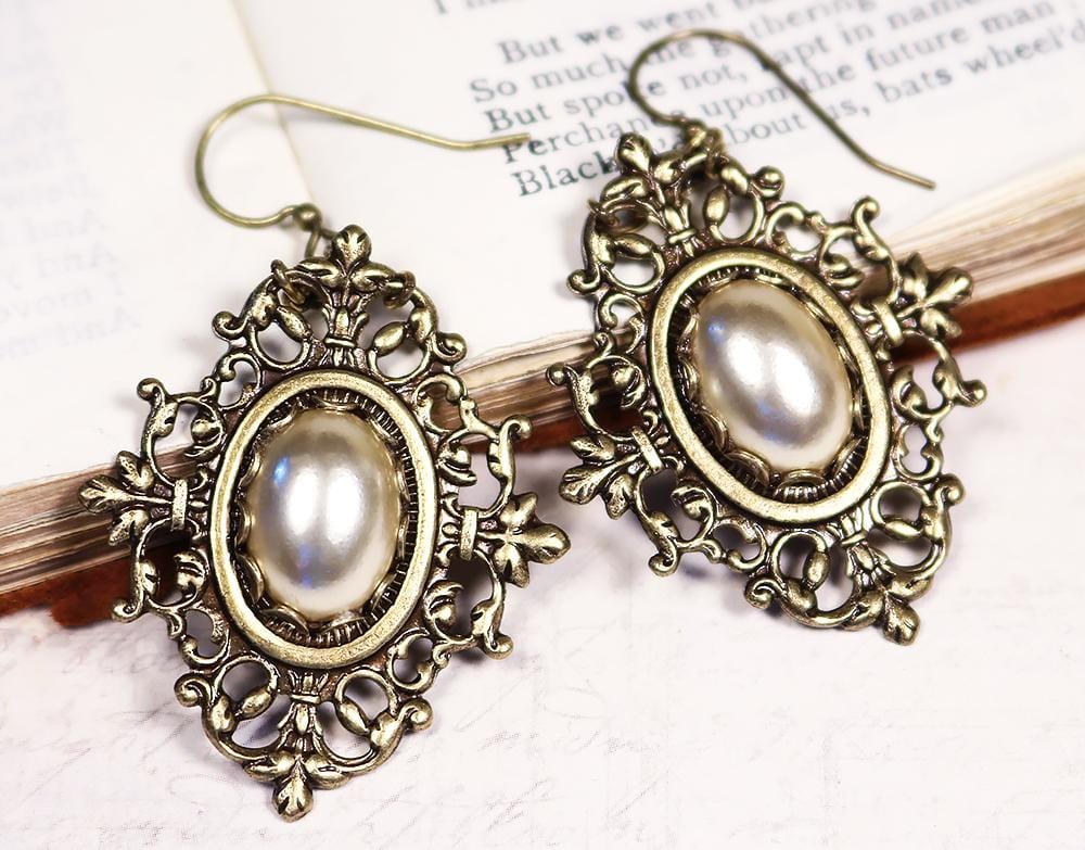 Chateau Earrings in Cream Pearl and Antiqued Brass by Rabbitwood and Reason