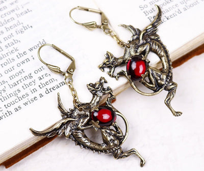 Dragon Earrings in Garnet and Antiqued Brass by Rabbitwood and Reason