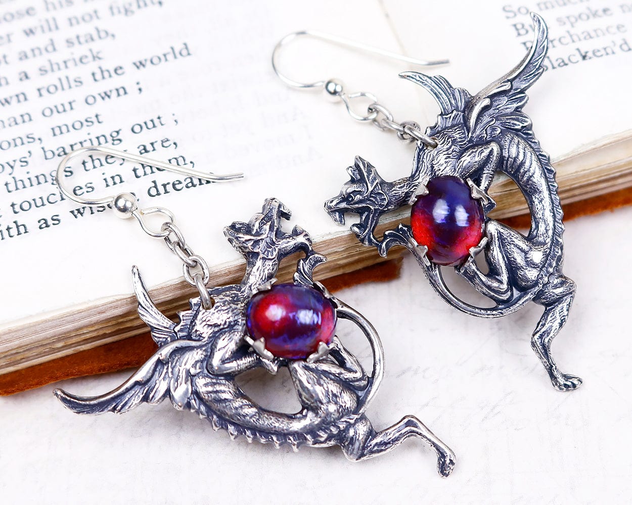 Dragon Earrings in Dragon's Breath Opal and Antiqued Silver by Rabbitwood and Reason