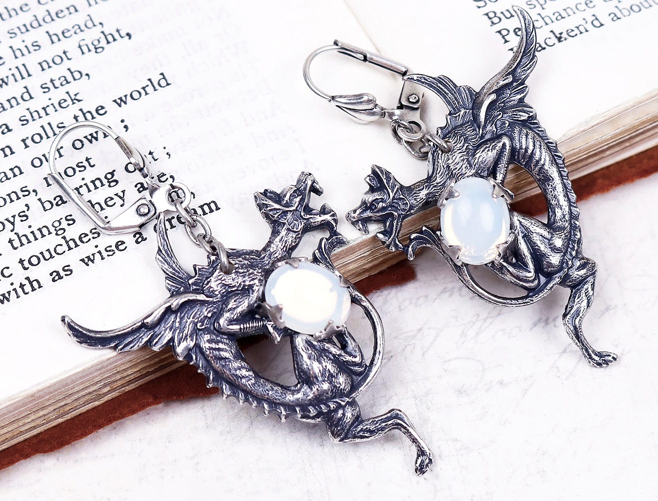 Dragon Earrings in White Opal and Antiqued Silver by Rabbitwood and Reason
