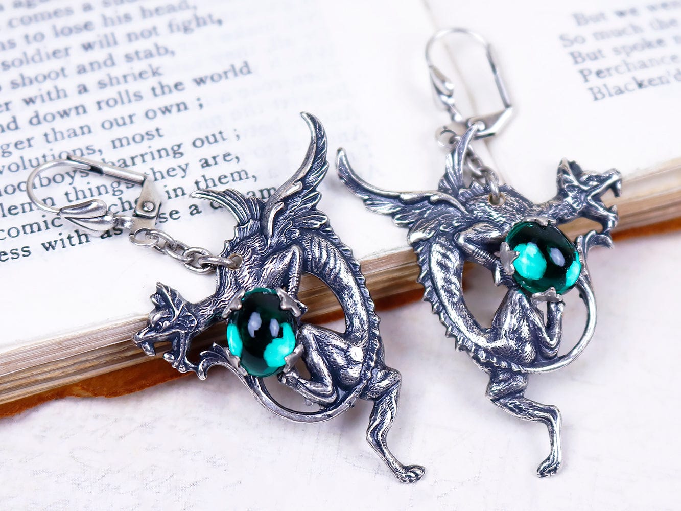 Dragon Earrings in Emerald and Antiqued Silver by Rabbitwood and Reason