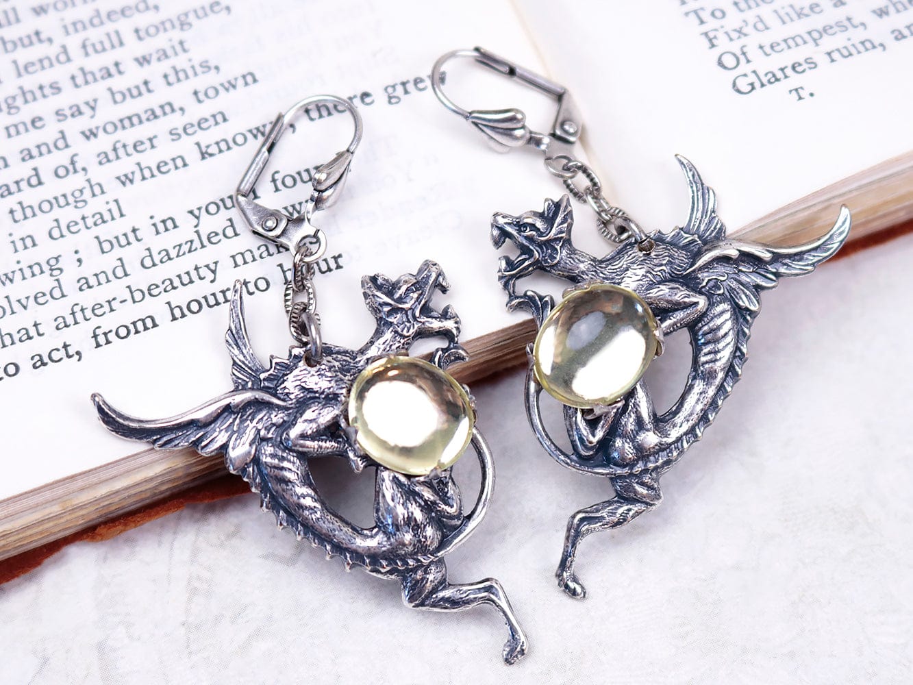 Dragon Earrings in Jonquil and Antiqued Silver by Rabbitwood and Reason