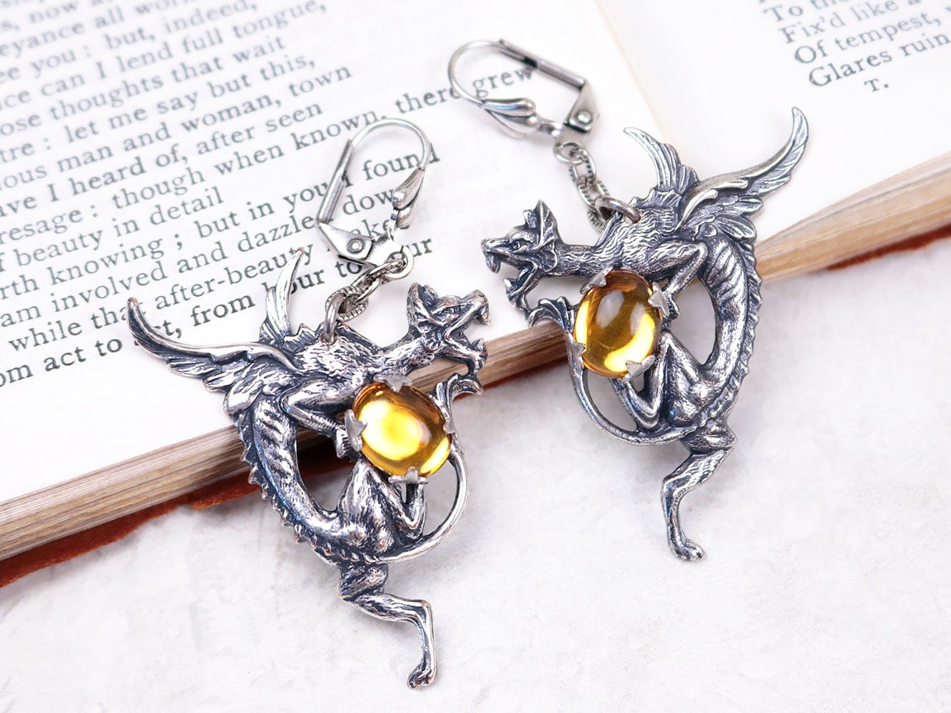 Dragon Earrings in Topaz and Antiqued Silver by Rabbitwood and Reason