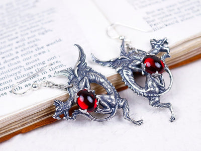 Dragon Earrings in Garnet and Antiqued Silver by Rabbitwood and Reason