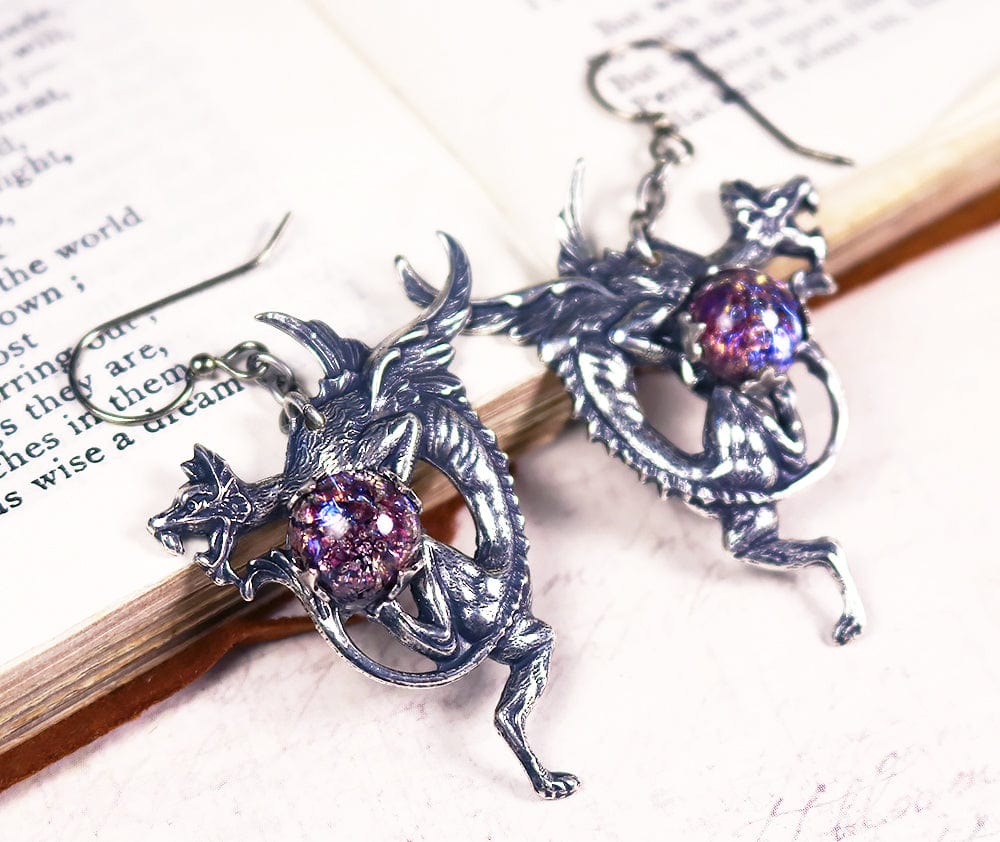 Dragon Earrings in Amethyst Opal and Antiqued Silver by Rabbitwood and Reason