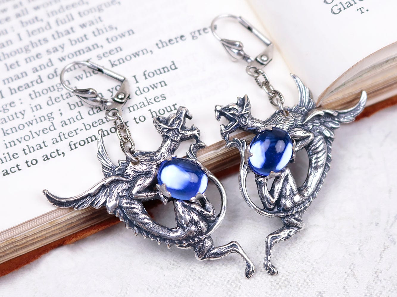 Dragon Earrings in Sapphire and Antiqued Silver by Rabbitwood and Reason