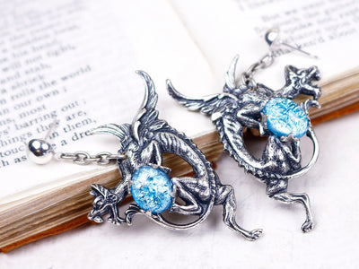 Dragon Earrings in Ice Blue Opal and Antiqued Silver by Rabbitwood and Reason