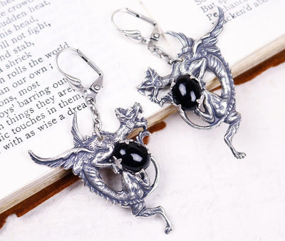 Dragon Earrings in Jet Black and Antiqued Silver by Rabbitwood and Reason