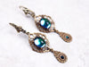 Drucilla Earrings in Bermuda Blue with Peacock Green accent crystals - Antiqued Brass by Rabbitwood and Reason