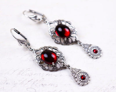 Drucilla Earrings in Garnet with Siam accent crystals - Antiqued Silver by Rabbitwood and Reason