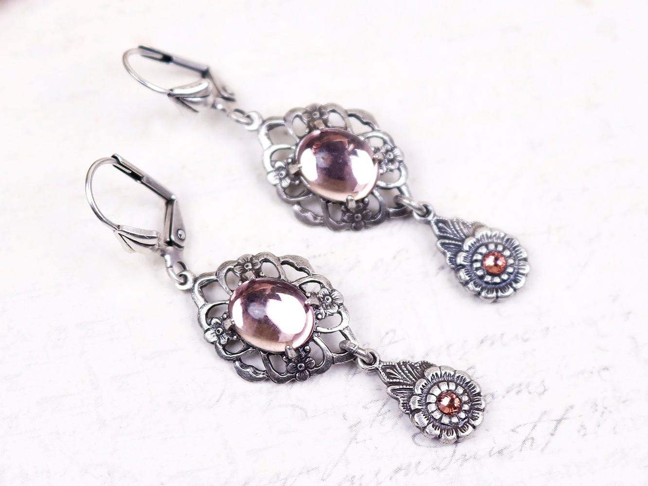Drucilla Earrings in Pale Rosebud with Vintage Rose accent crystals - Antiqued Silver by Rabbitwood and Reason